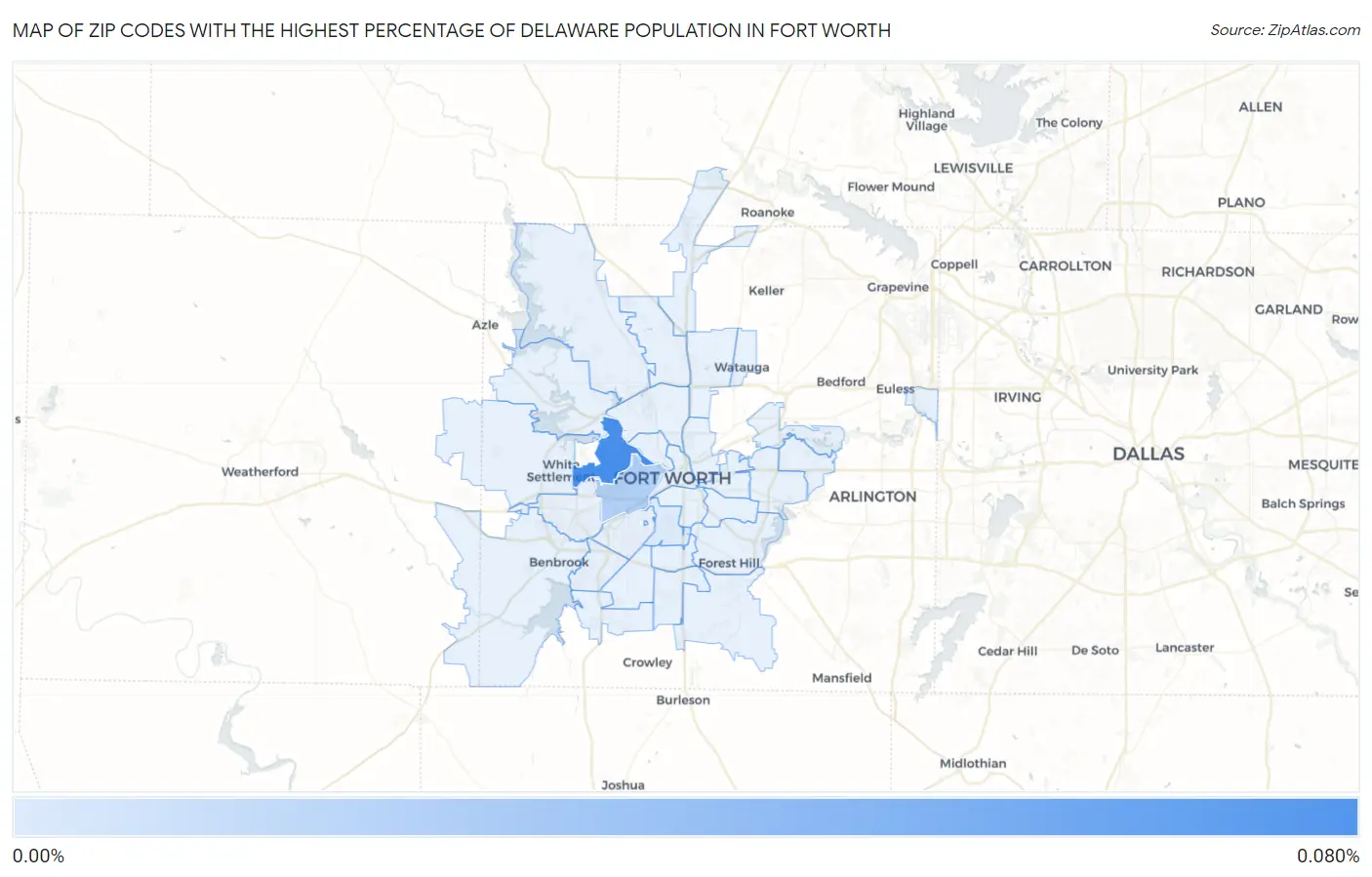 Zip Codes with the Highest Percentage of Delaware Population in Fort Worth Map