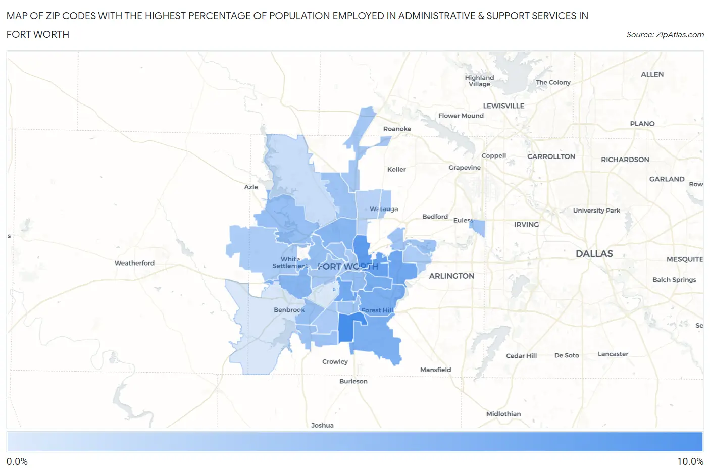 Zip Codes with the Highest Percentage of Population Employed in Administrative & Support Services in Fort Worth Map