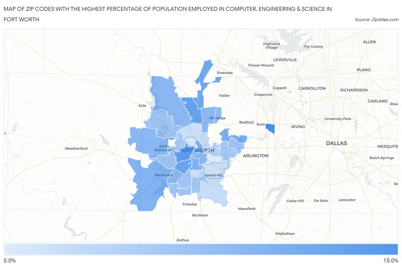 Zip Codes with the Highest Percentage of Population Employed in Computer, Engineering & Science in Fort Worth Map
