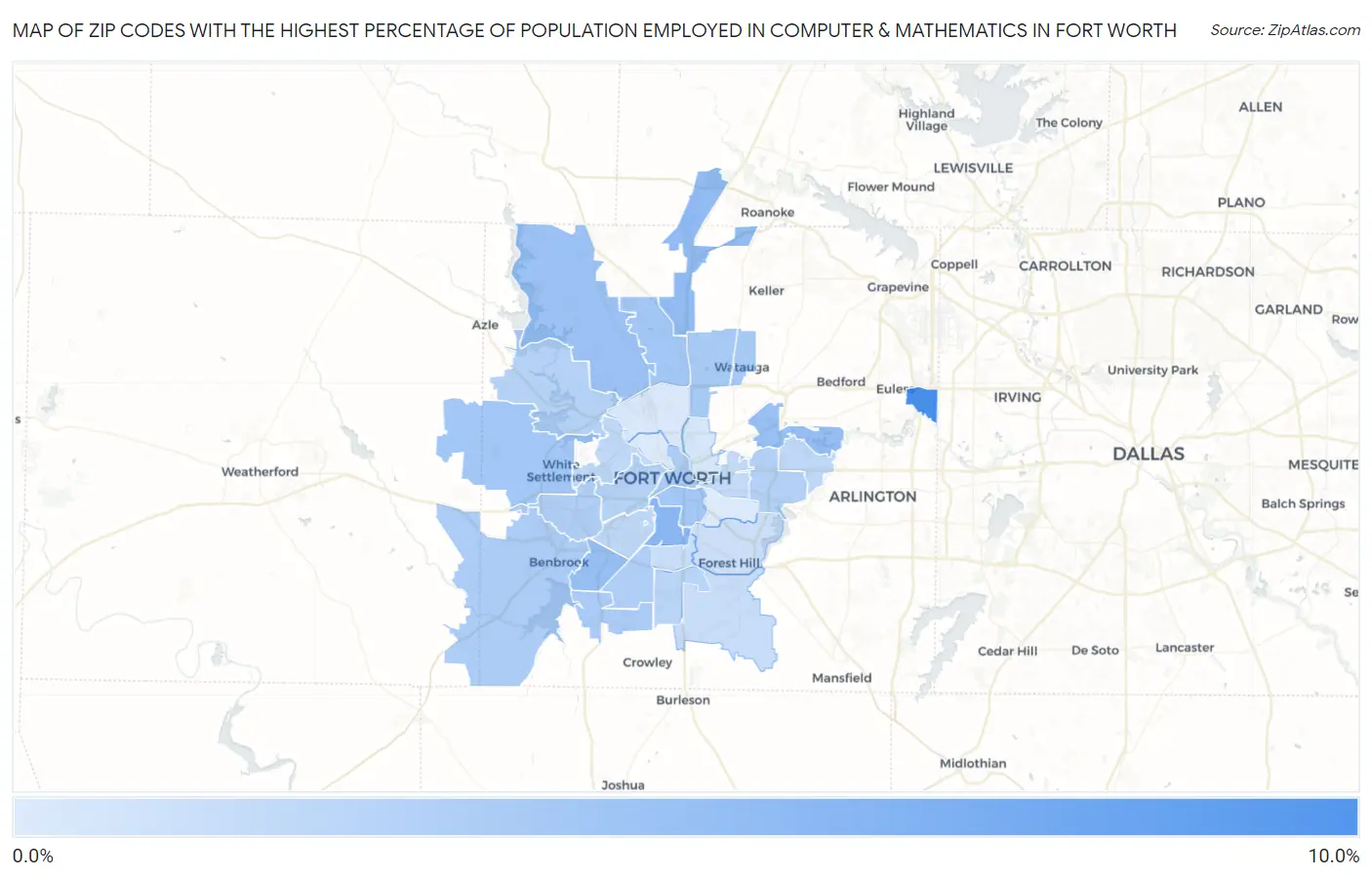 Zip Codes with the Highest Percentage of Population Employed in Computer & Mathematics in Fort Worth Map