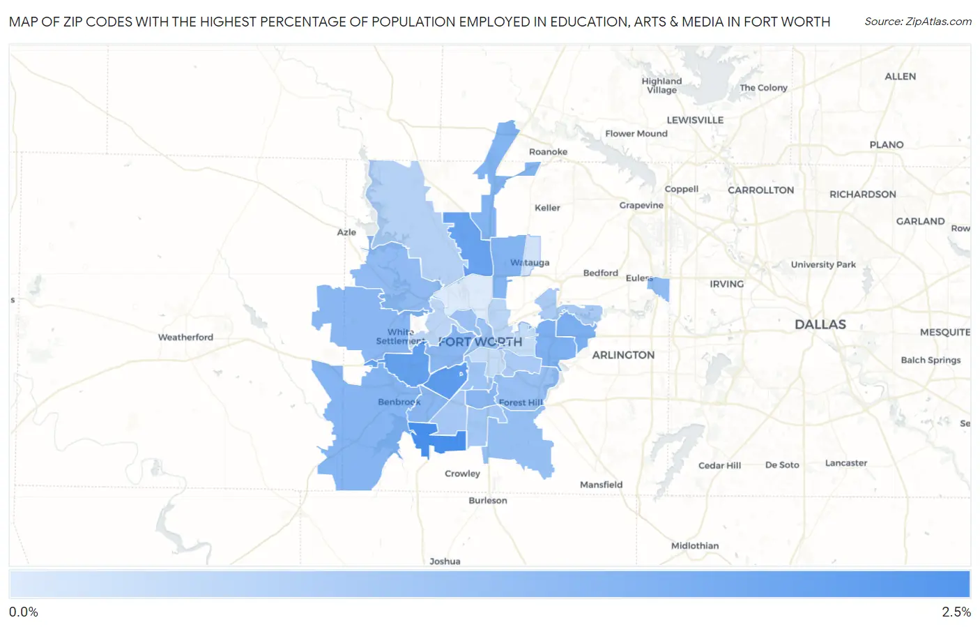 Zip Codes with the Highest Percentage of Population Employed in Education, Arts & Media in Fort Worth Map