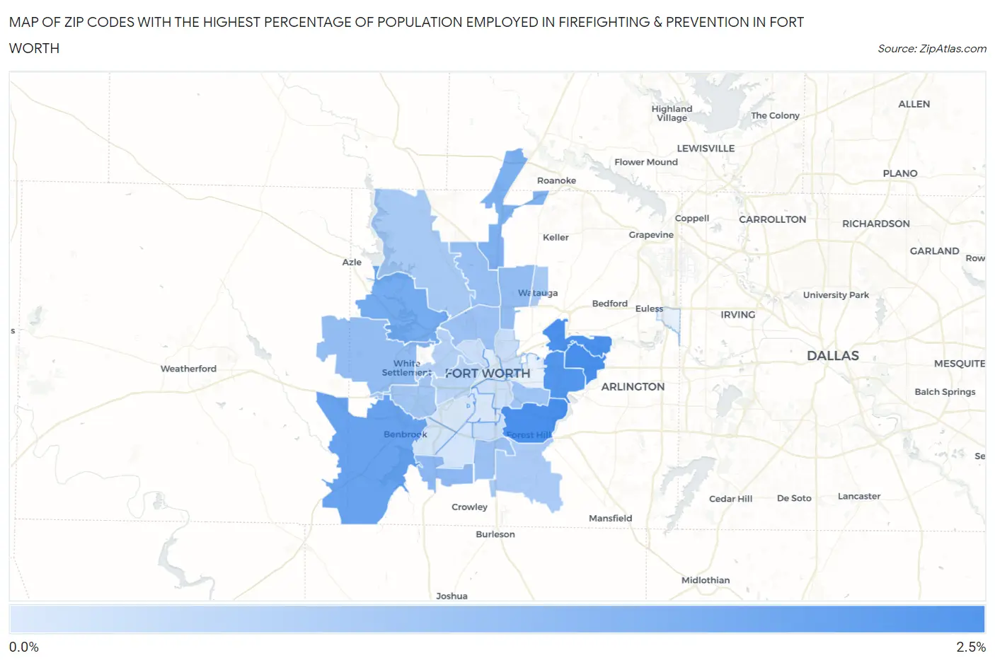 Zip Codes with the Highest Percentage of Population Employed in Firefighting & Prevention in Fort Worth Map