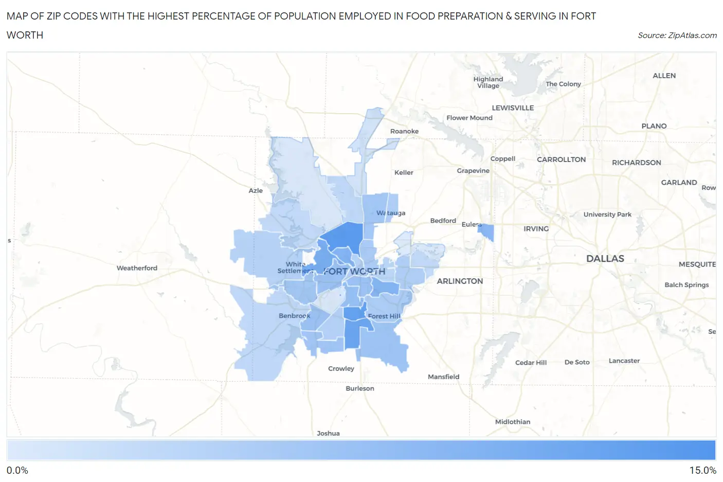 Zip Codes with the Highest Percentage of Population Employed in Food Preparation & Serving in Fort Worth Map
