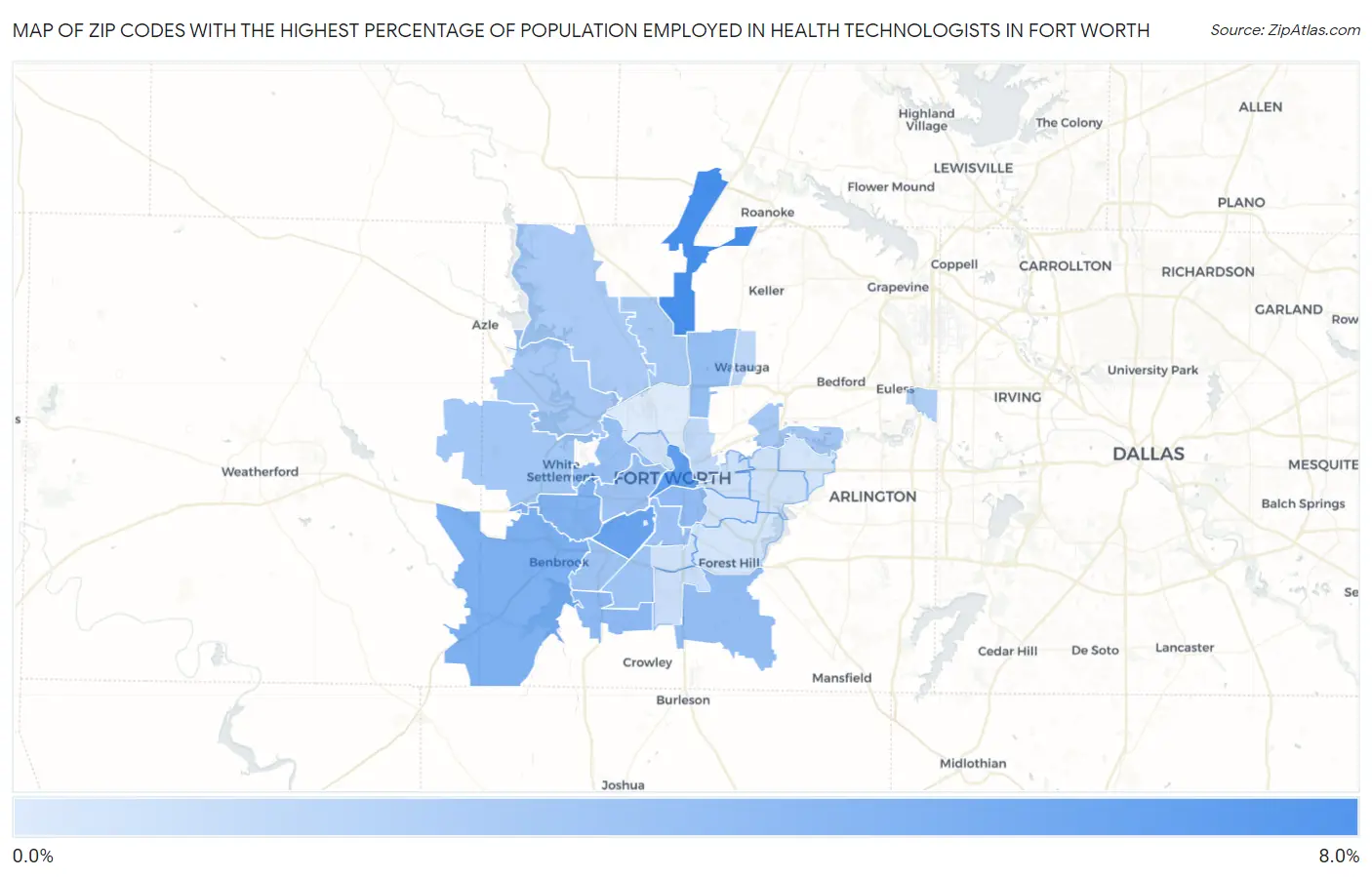 Zip Codes with the Highest Percentage of Population Employed in Health Technologists in Fort Worth Map