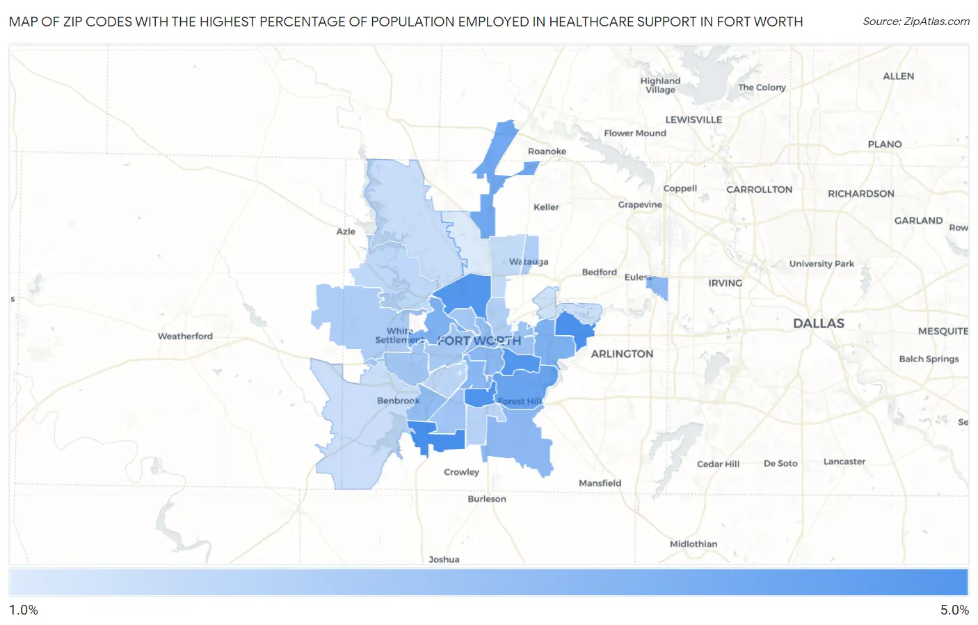 Zip Codes with the Highest Percentage of Population Employed in Healthcare Support in Fort Worth Map