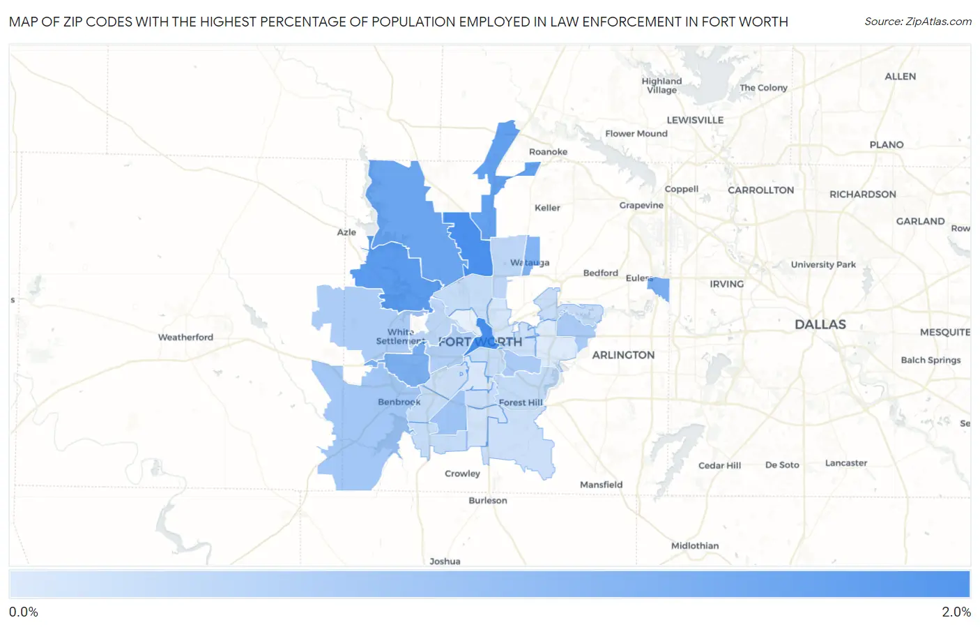 Zip Codes with the Highest Percentage of Population Employed in Law Enforcement in Fort Worth Map