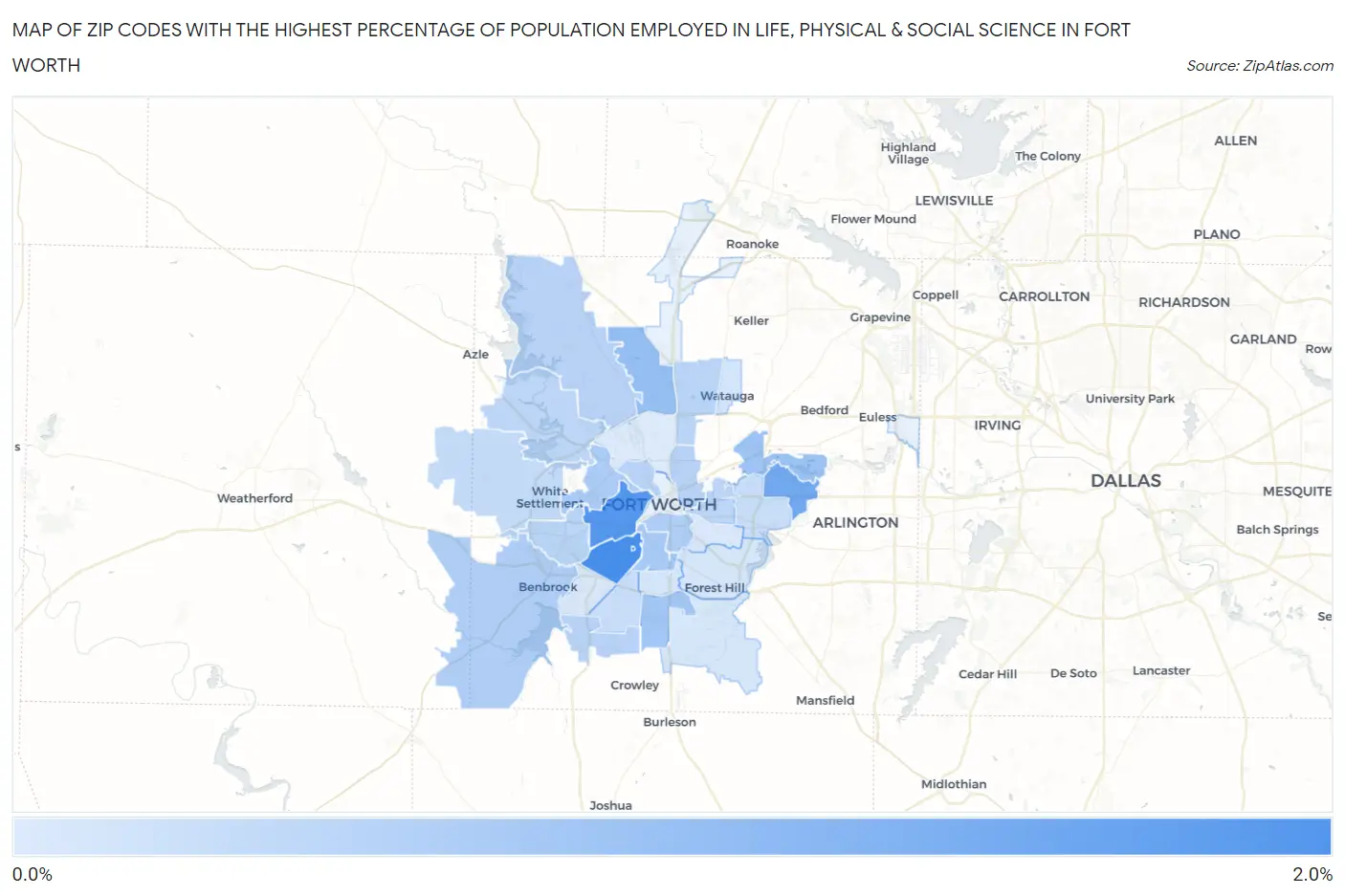 Zip Codes with the Highest Percentage of Population Employed in Life, Physical & Social Science in Fort Worth Map