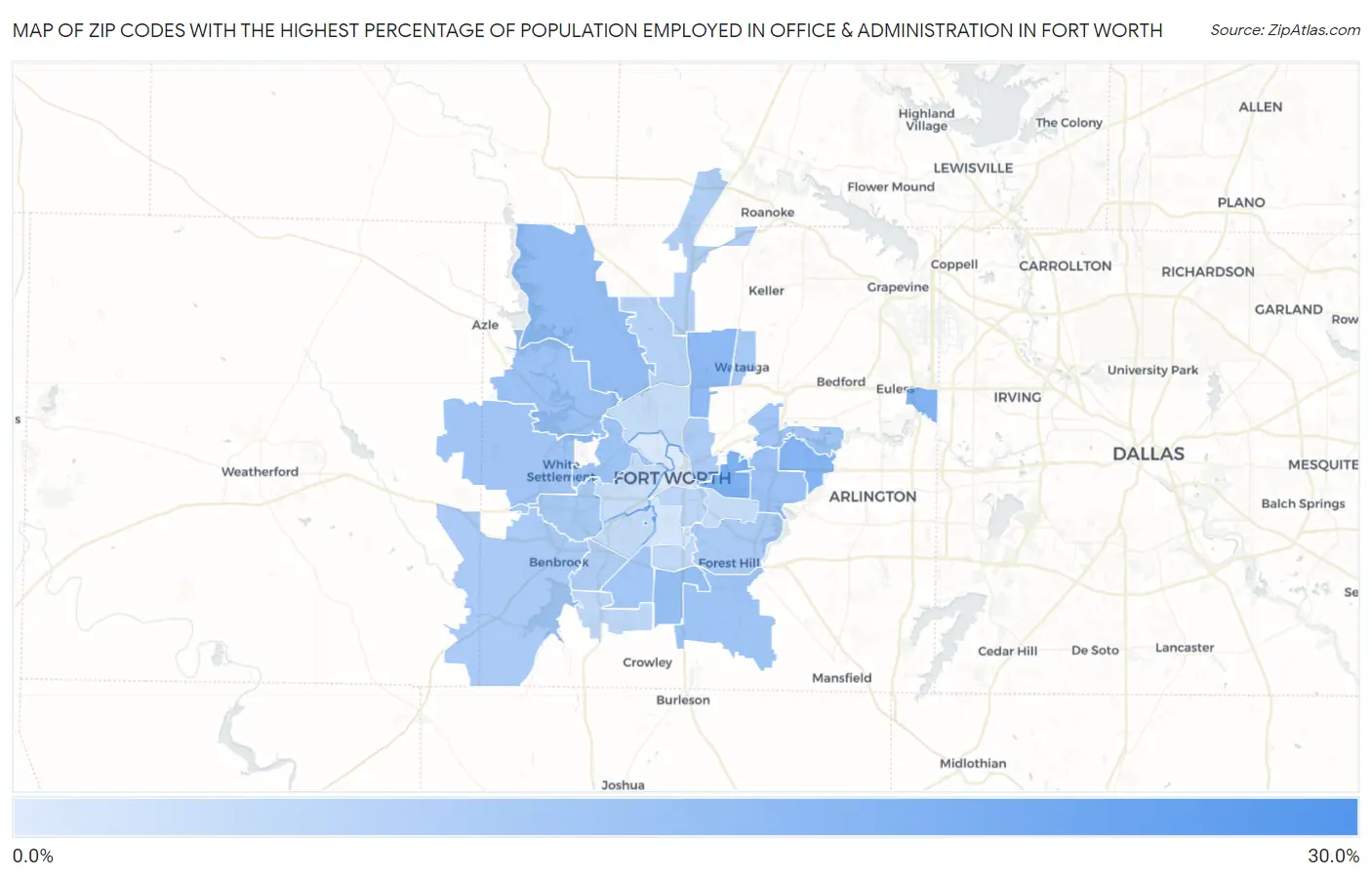 Zip Codes with the Highest Percentage of Population Employed in Office & Administration in Fort Worth Map