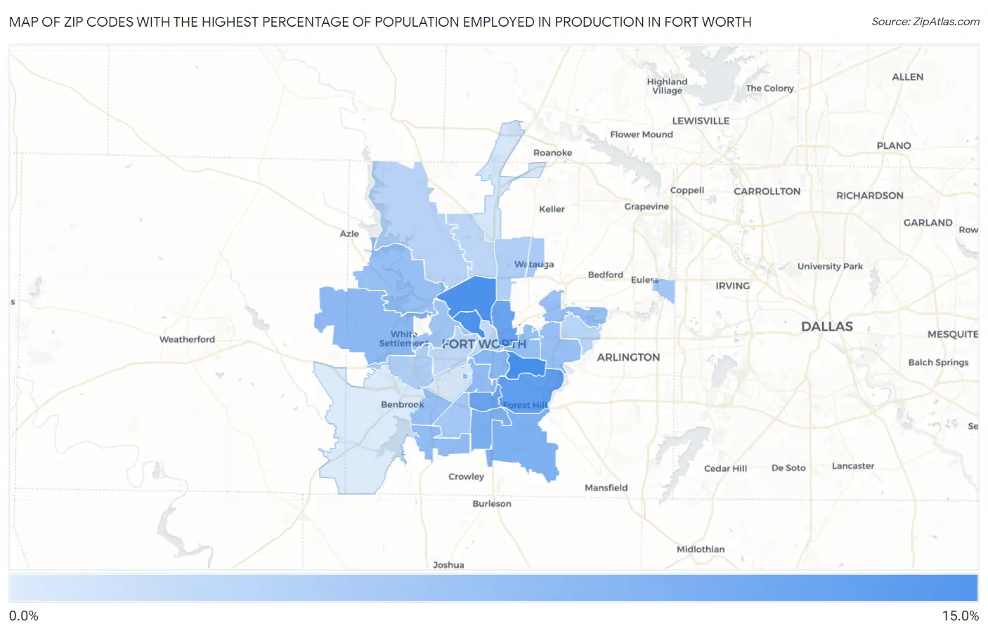 Zip Codes with the Highest Percentage of Population Employed in Production in Fort Worth Map