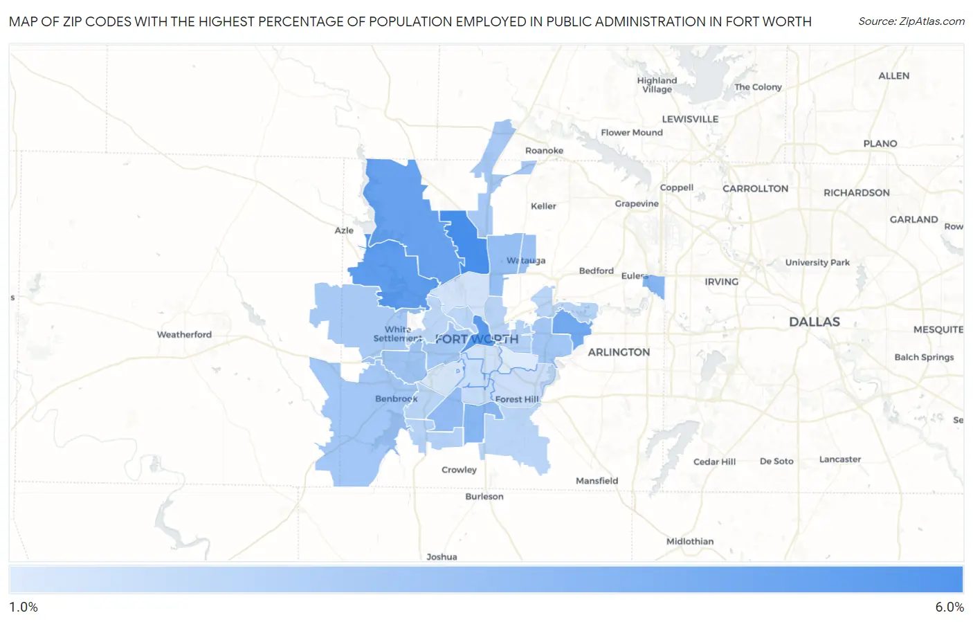 Zip Codes with the Highest Percentage of Population Employed in Public Administration in Fort Worth Map