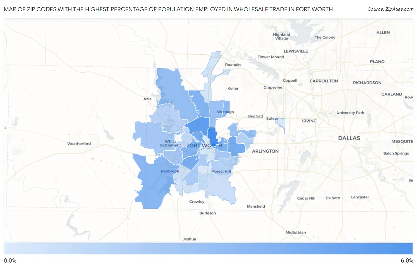 Zip Codes with the Highest Percentage of Population Employed in Wholesale Trade in Fort Worth Map