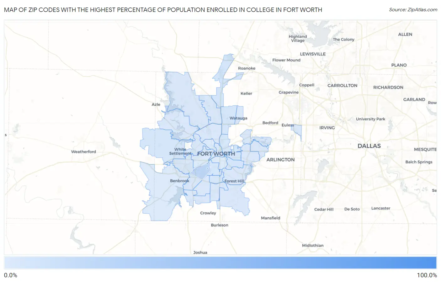 Zip Codes with the Highest Percentage of Population Enrolled in College in Fort Worth Map