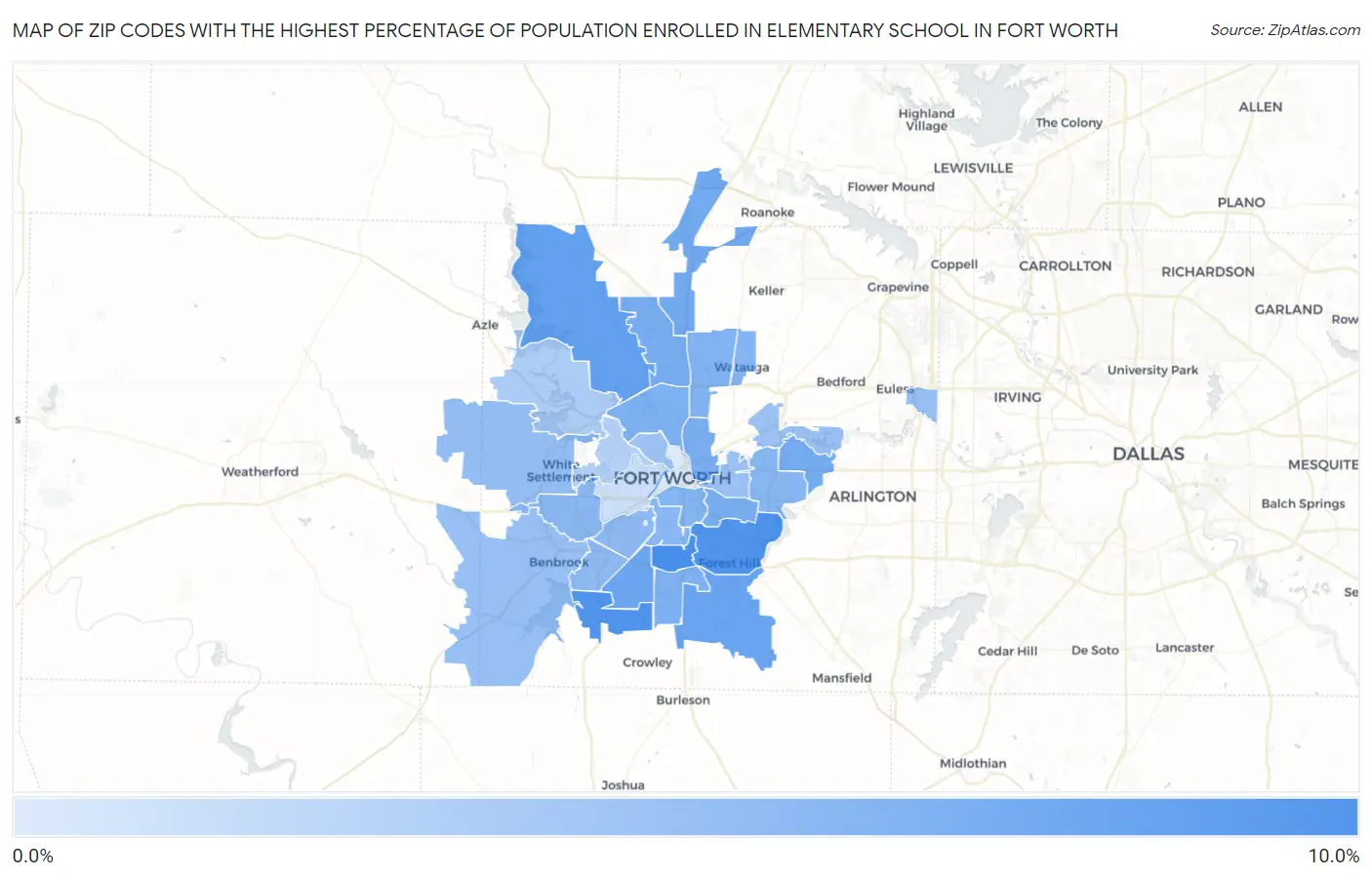 Zip Codes with the Highest Percentage of Population Enrolled in Elementary School in Fort Worth Map