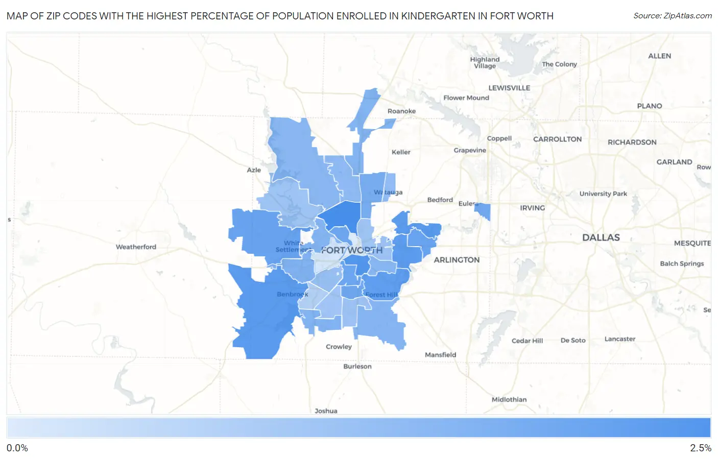 Zip Codes with the Highest Percentage of Population Enrolled in Kindergarten in Fort Worth Map