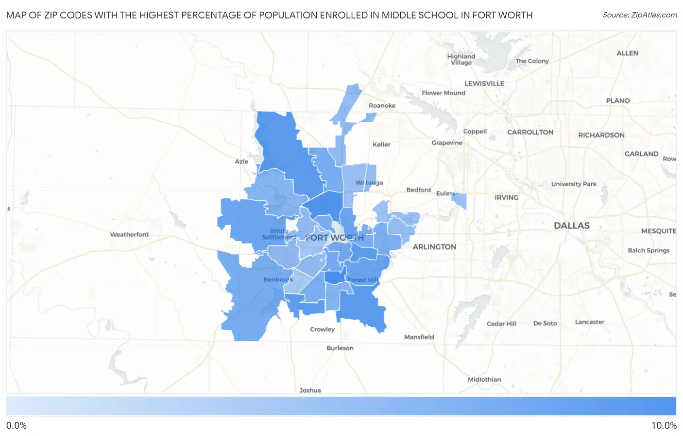 Zip Codes with the Highest Percentage of Population Enrolled in Middle School in Fort Worth Map