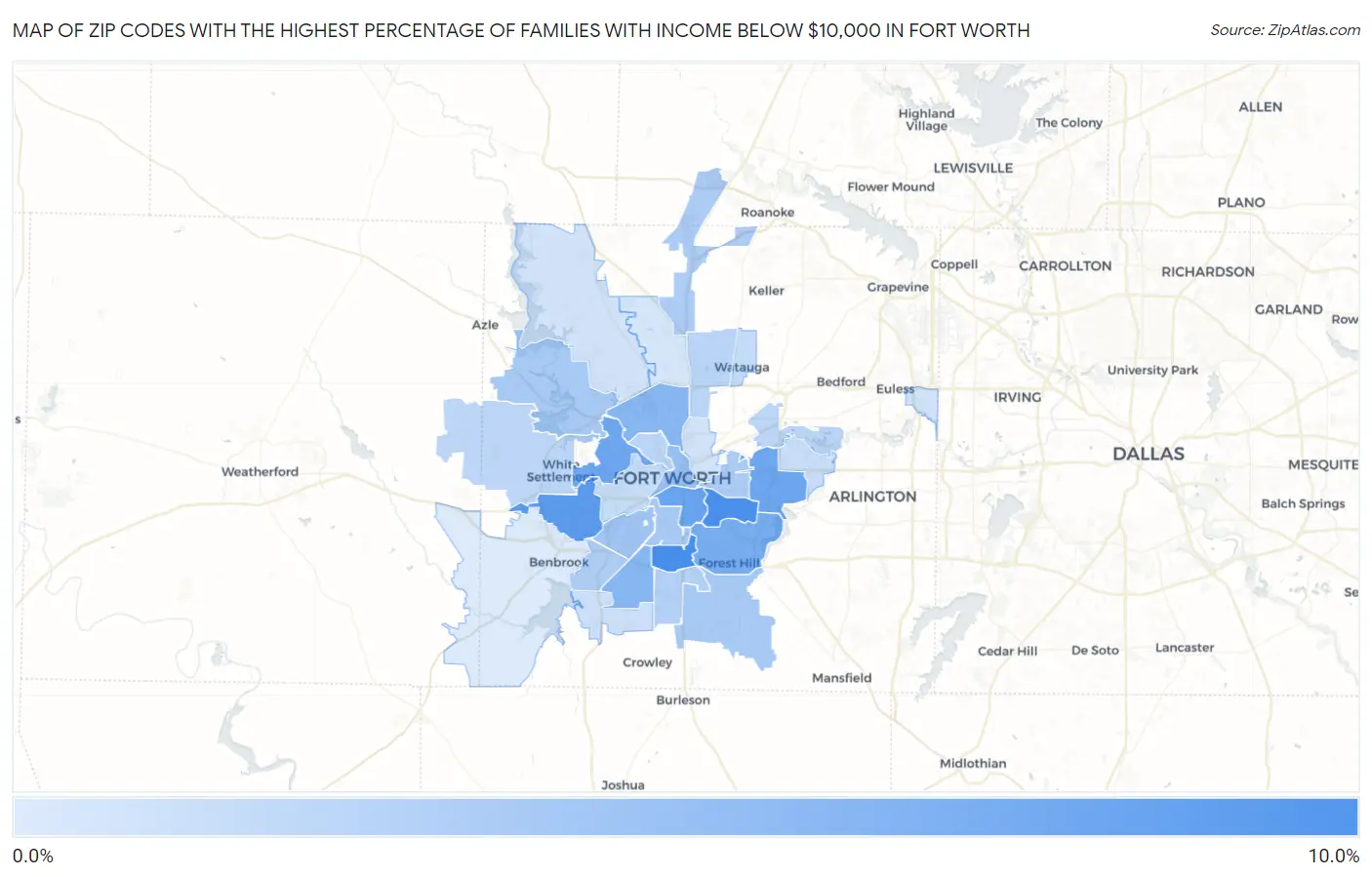 Zip Codes with the Highest Percentage of Families with Income Below $10,000 in Fort Worth Map