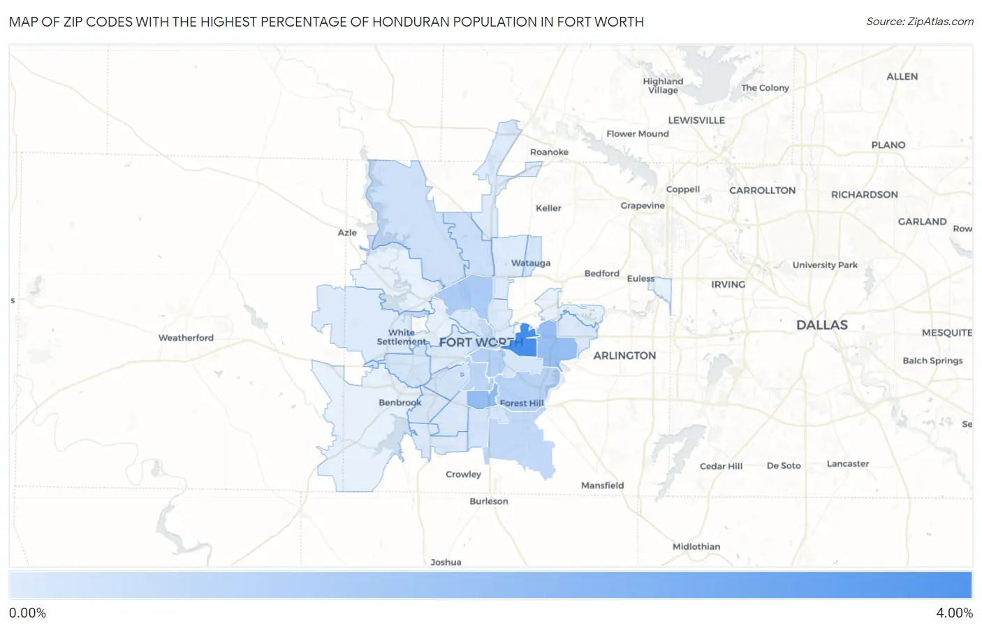 Zip Codes with the Highest Percentage of Honduran Population in Fort Worth Map