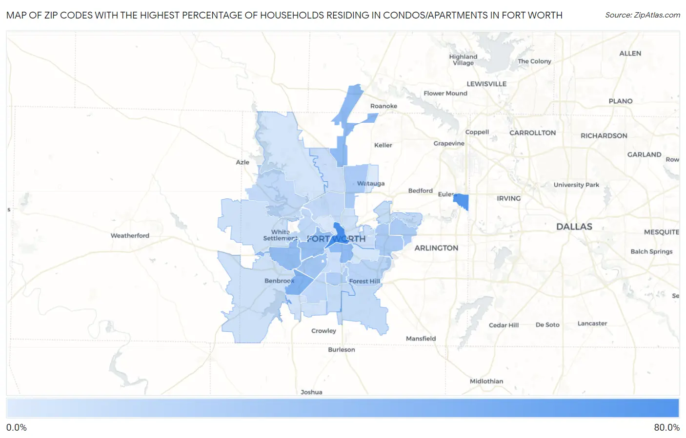 Zip Codes with the Highest Percentage of Households Residing in Condos/Apartments in Fort Worth Map