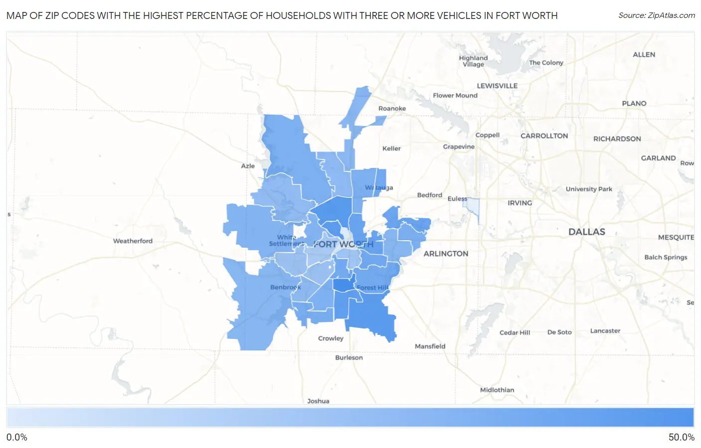 Zip Codes with the Highest Percentage of Households With Three or more Vehicles in Fort Worth Map