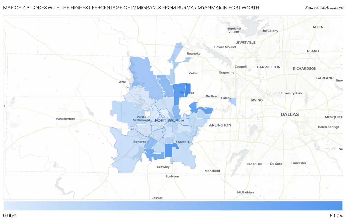 Zip Codes with the Highest Percentage of Immigrants from Burma / Myanmar in Fort Worth Map
