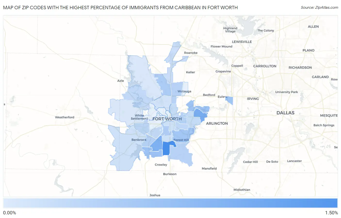 Zip Codes with the Highest Percentage of Immigrants from Caribbean in Fort Worth Map