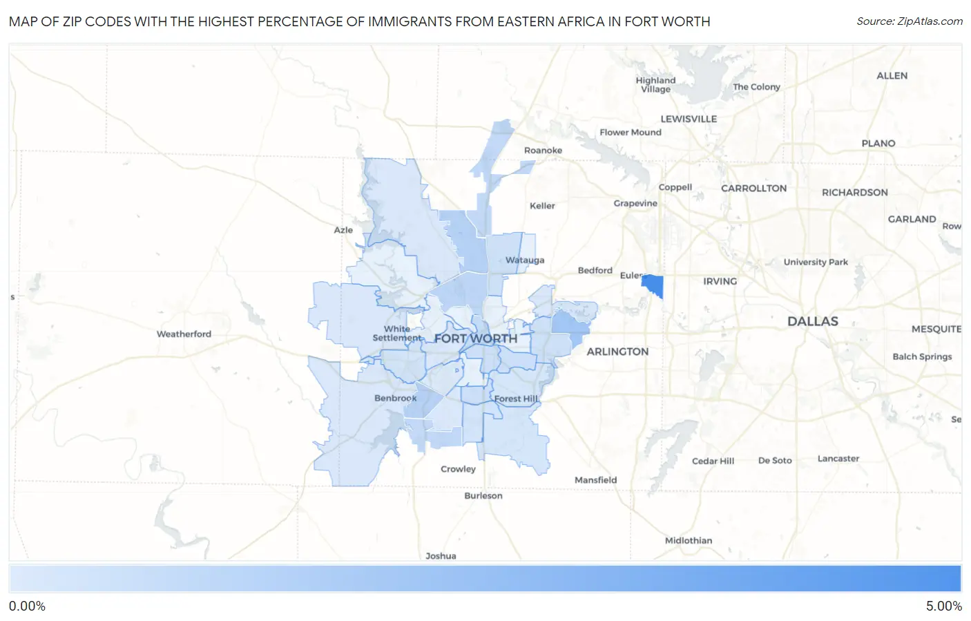 Zip Codes with the Highest Percentage of Immigrants from Eastern Africa in Fort Worth Map