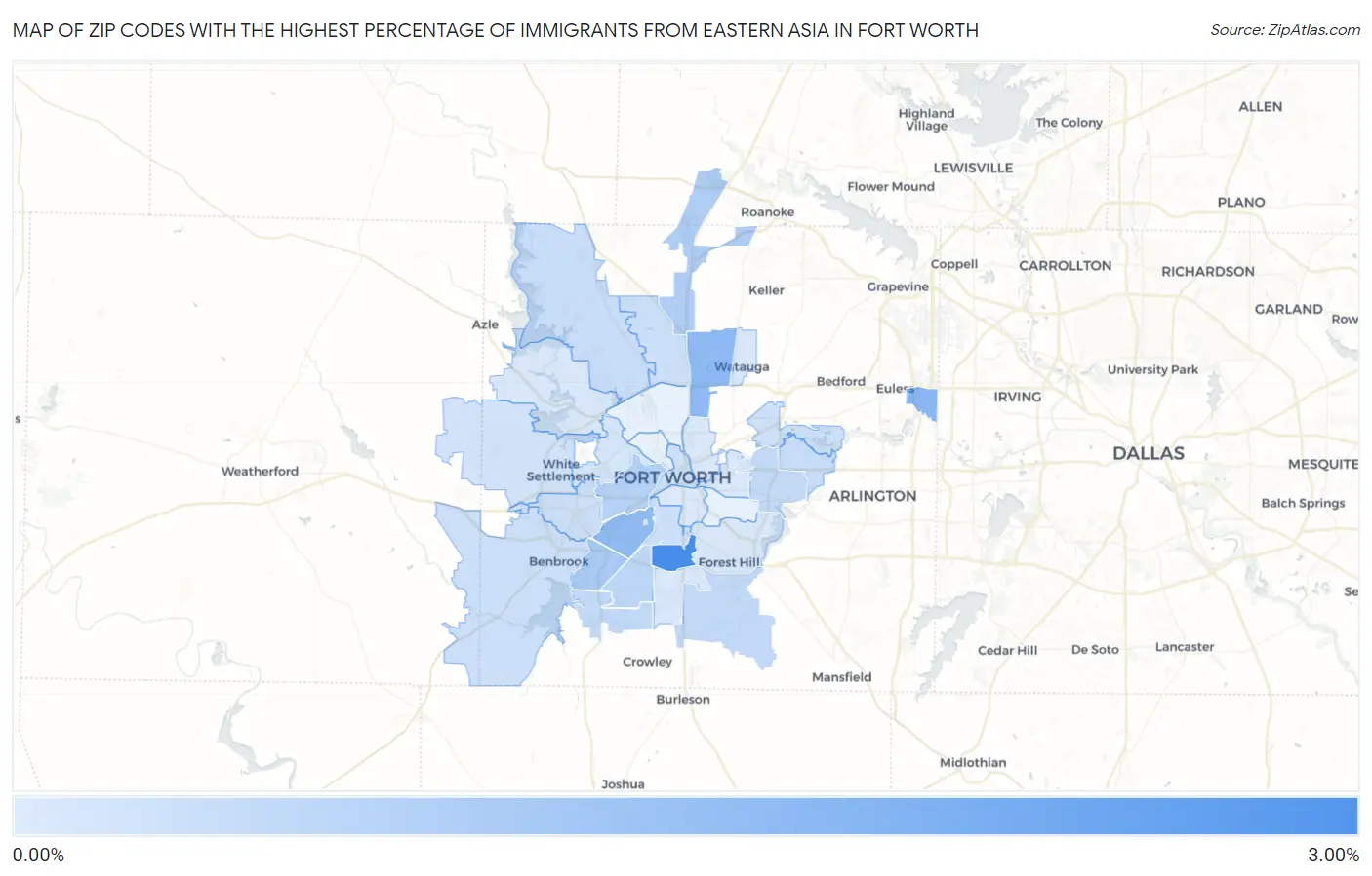 Zip Codes with the Highest Percentage of Immigrants from Eastern Asia in Fort Worth Map