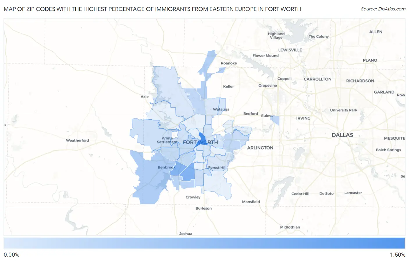 Zip Codes with the Highest Percentage of Immigrants from Eastern Europe in Fort Worth Map