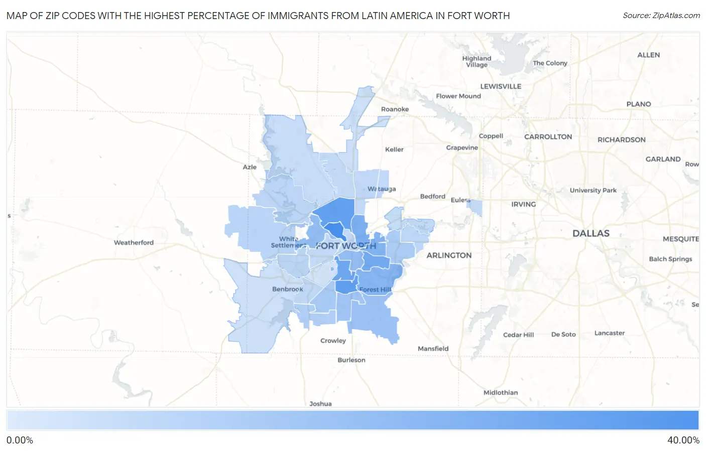 Zip Codes with the Highest Percentage of Immigrants from Latin America in Fort Worth Map
