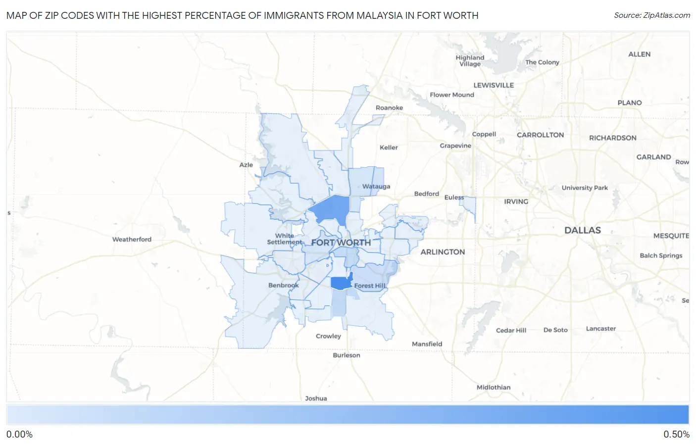 Zip Codes with the Highest Percentage of Immigrants from Malaysia in Fort Worth Map