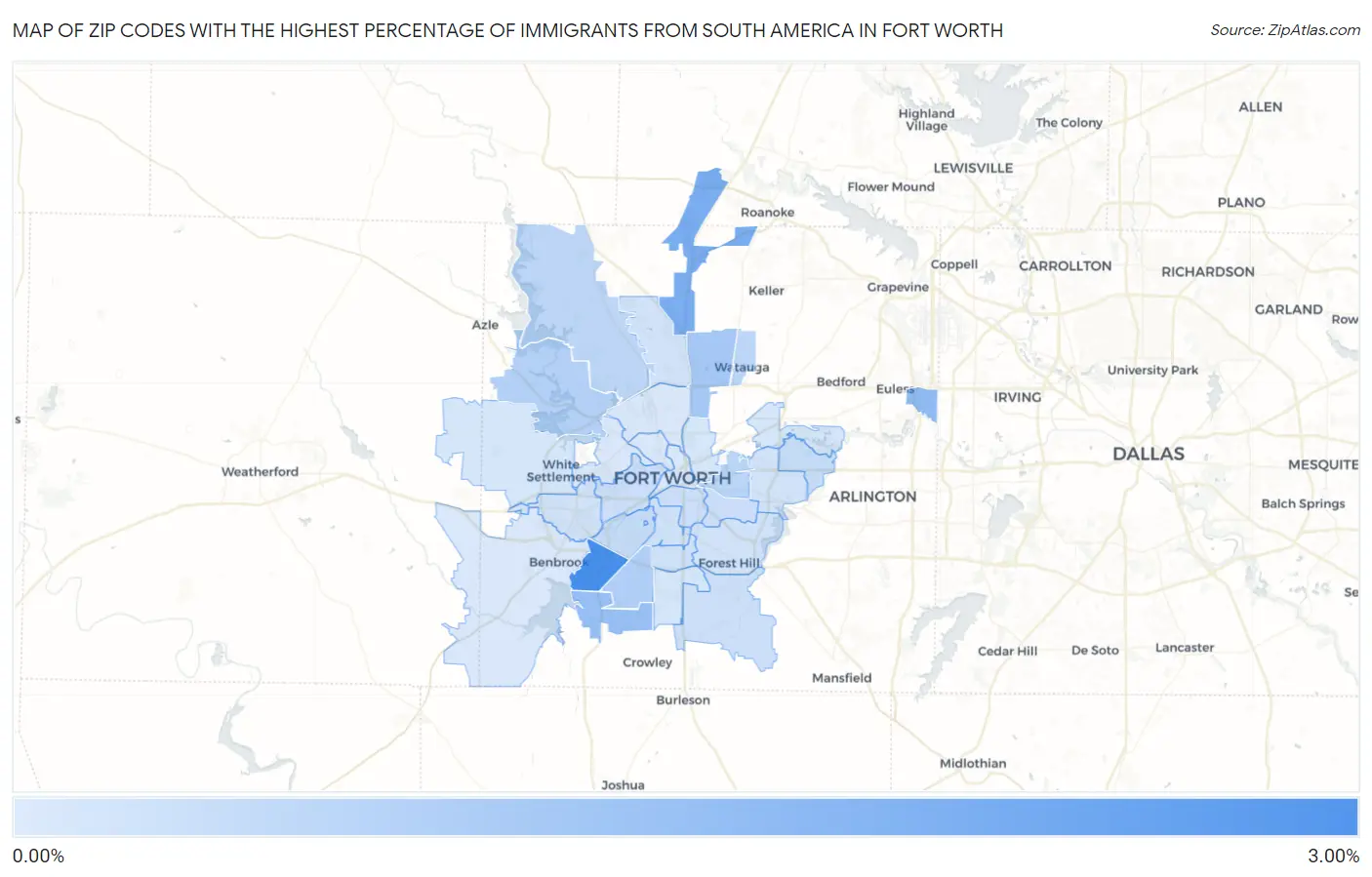 Zip Codes with the Highest Percentage of Immigrants from South America in Fort Worth Map