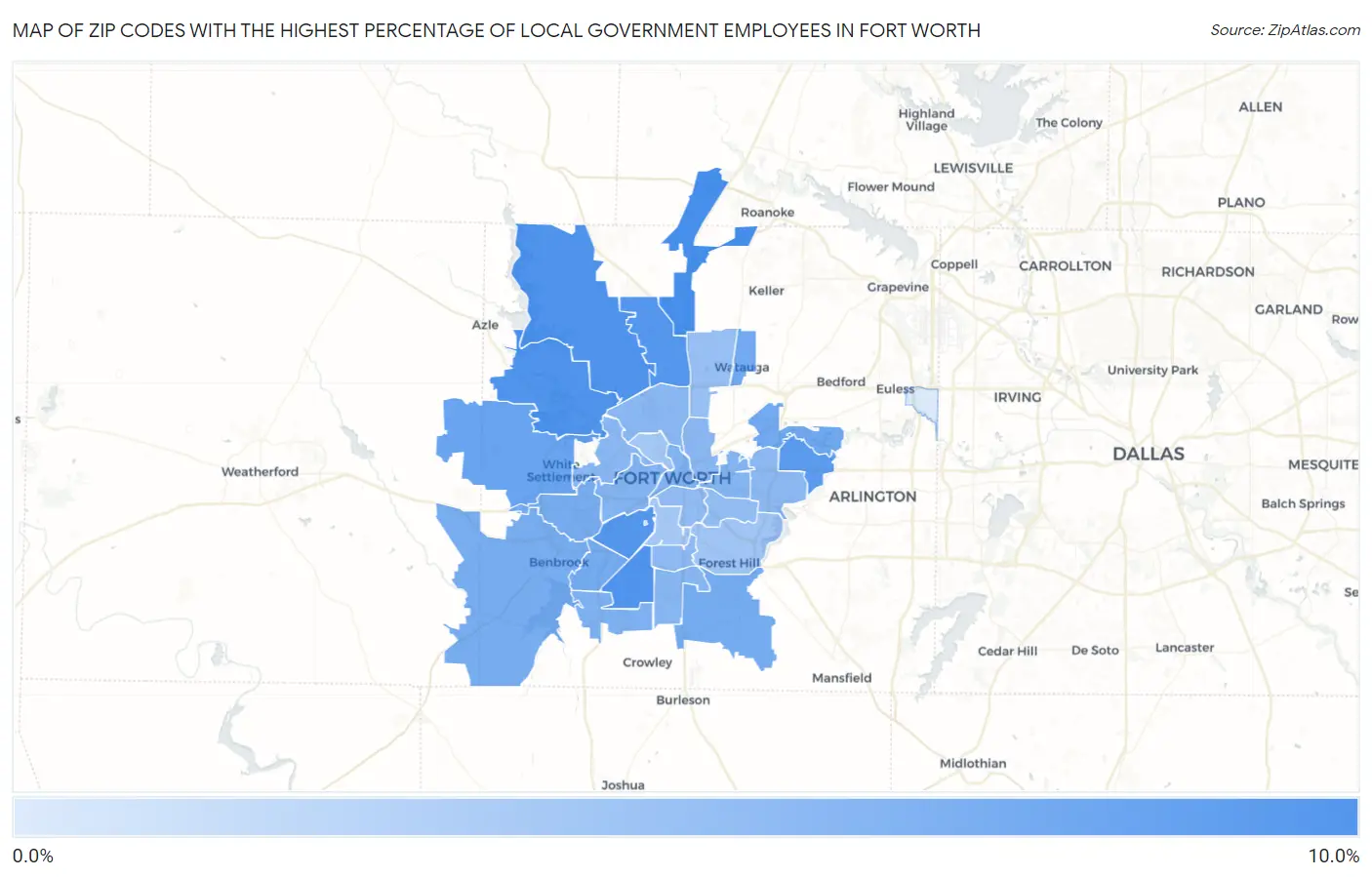 Zip Codes with the Highest Percentage of Local Government Employees in Fort Worth Map