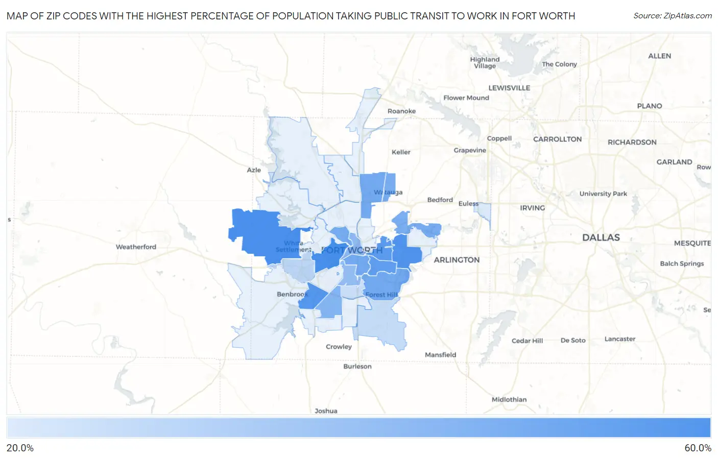 Zip Codes with the Highest Percentage of Population Taking Public Transit to Work in Fort Worth Map