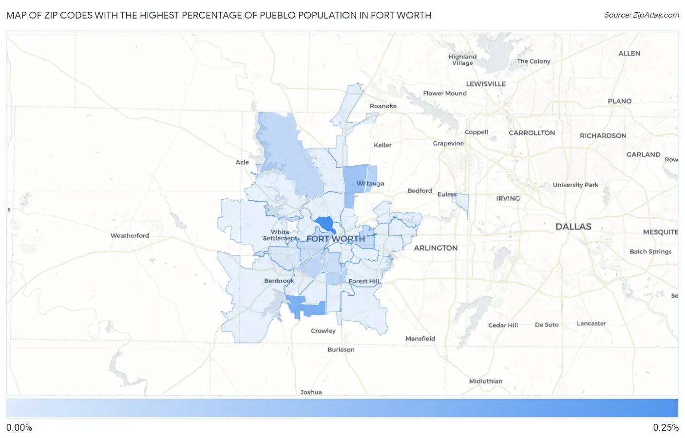 Zip Codes with the Highest Percentage of Pueblo Population in Fort Worth Map