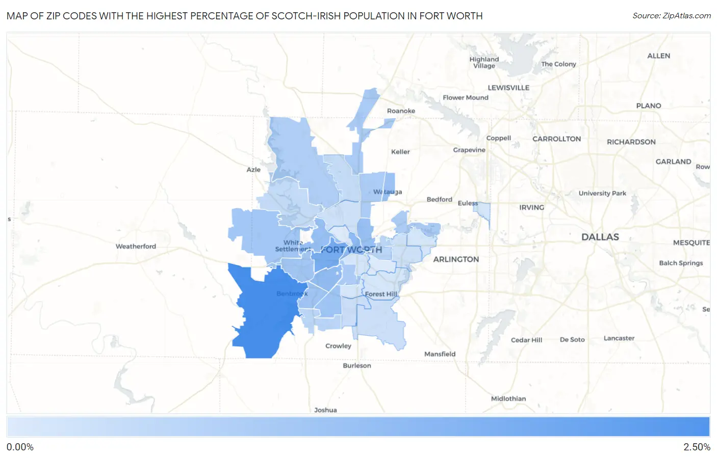 Zip Codes with the Highest Percentage of Scotch-Irish Population in Fort Worth Map