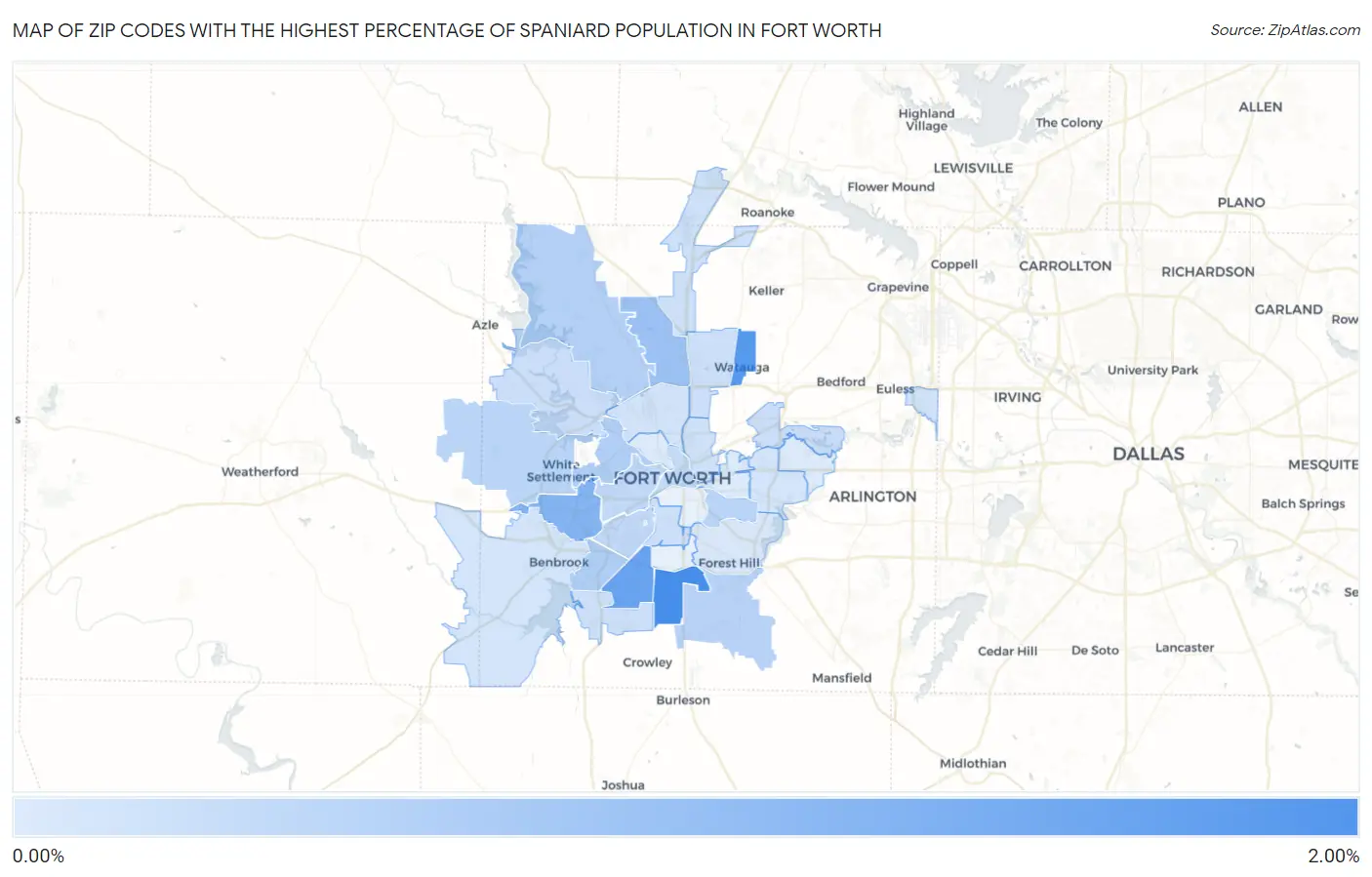 Zip Codes with the Highest Percentage of Spaniard Population in Fort Worth Map