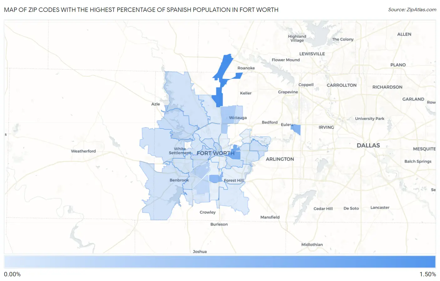 Zip Codes with the Highest Percentage of Spanish Population in Fort Worth Map