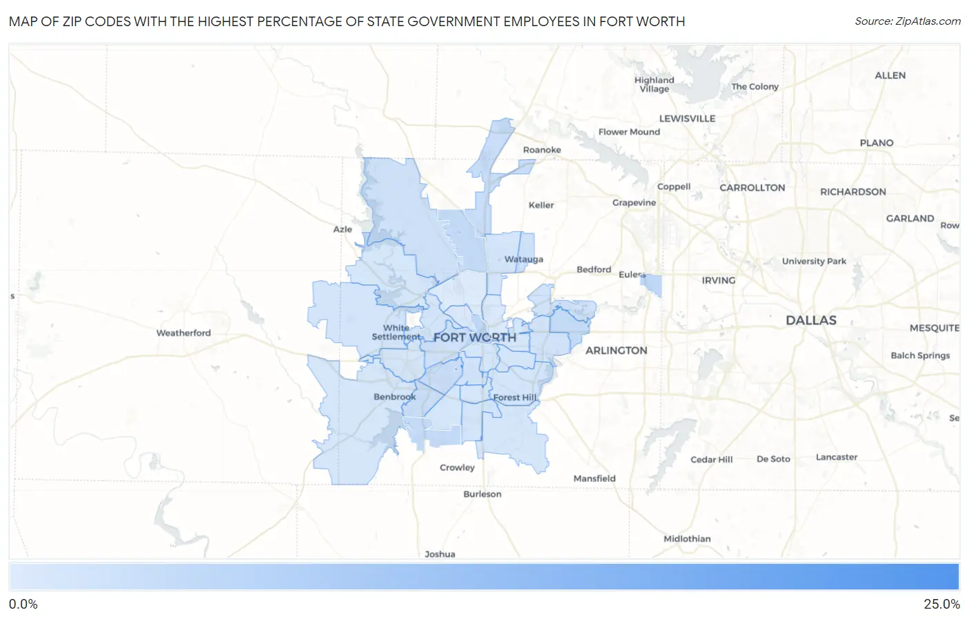 Zip Codes with the Highest Percentage of State Government Employees in Fort Worth Map