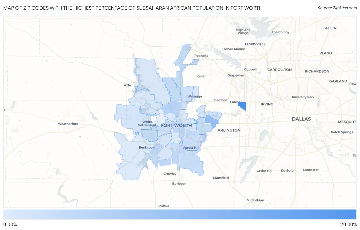 Zip Codes with the Highest Percentage of Subsaharan African Population in Fort Worth Map