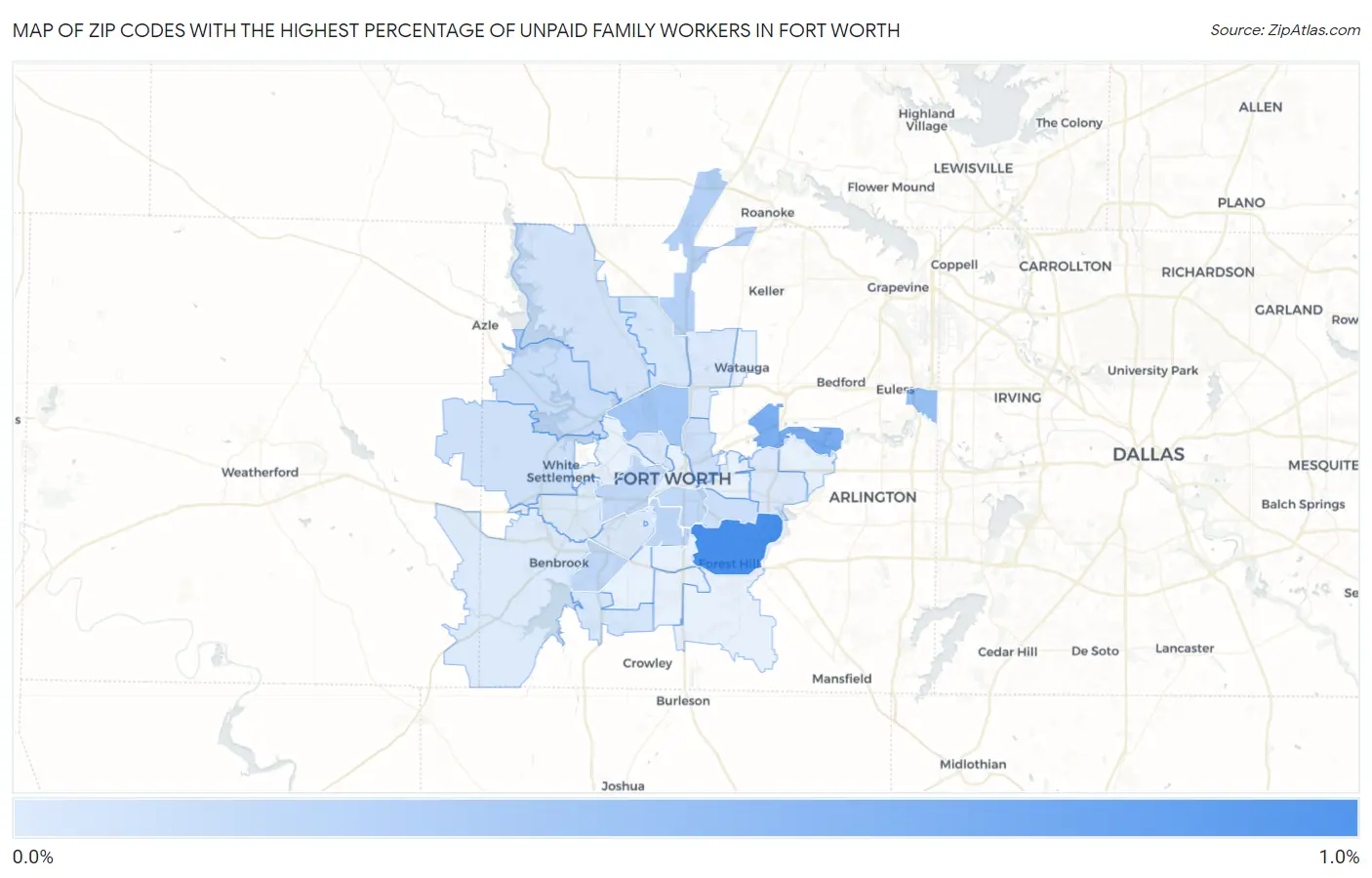 Zip Codes with the Highest Percentage of Unpaid Family Workers in Fort Worth Map