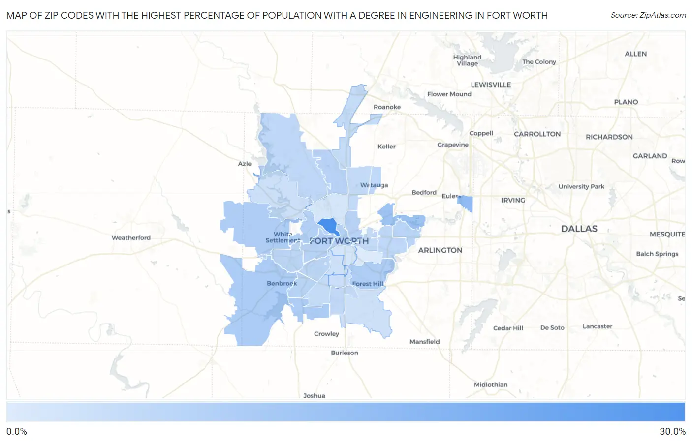 Zip Codes with the Highest Percentage of Population with a Degree in Engineering in Fort Worth Map
