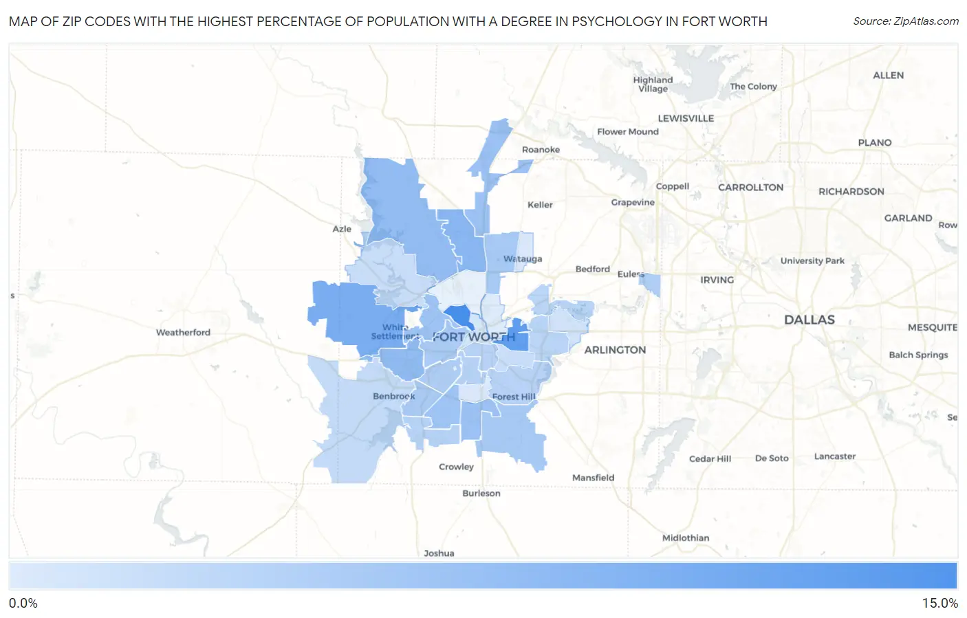 Zip Codes with the Highest Percentage of Population with a Degree in Psychology in Fort Worth Map