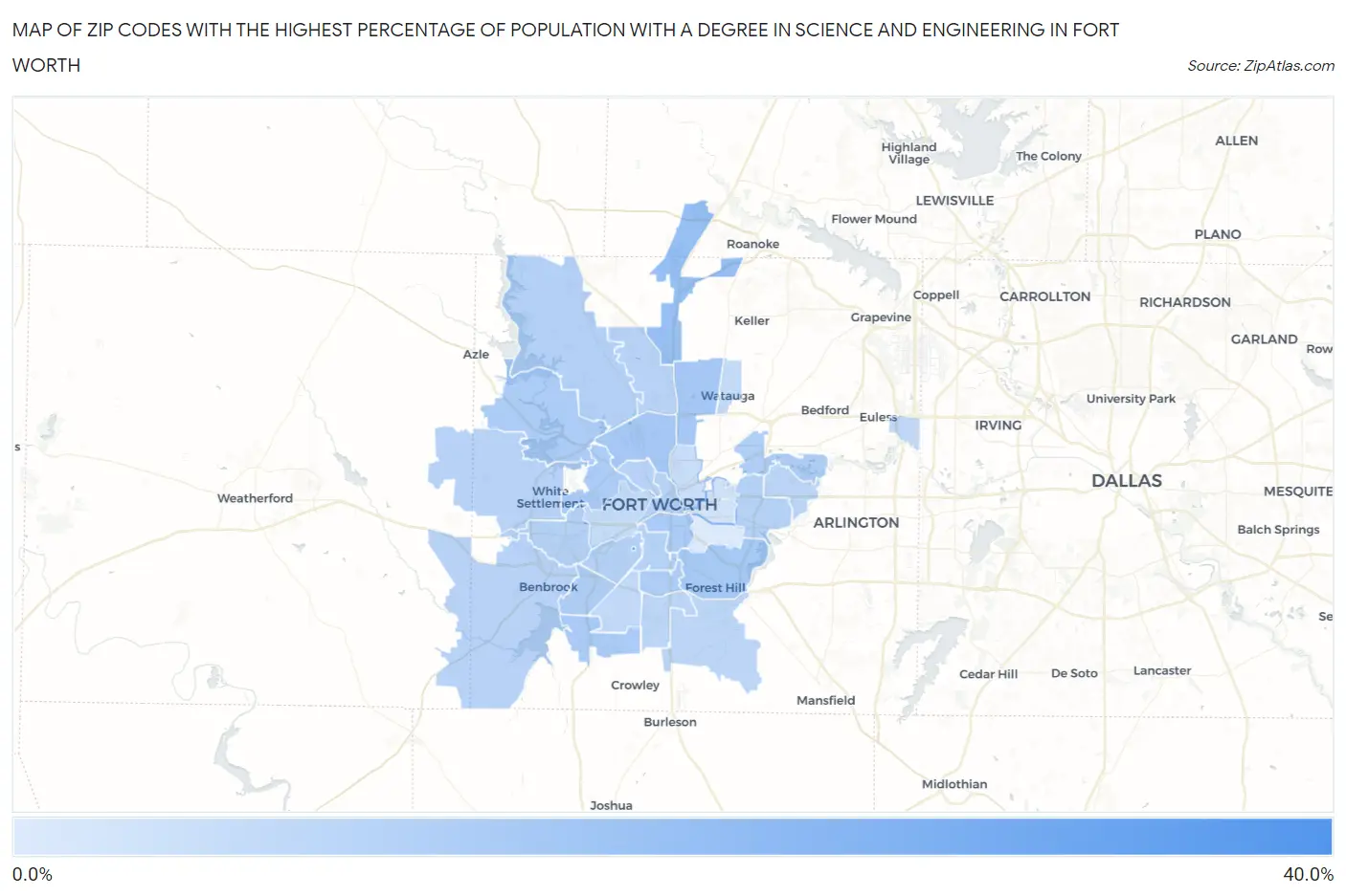 Zip Codes with the Highest Percentage of Population with a Degree in Science and Engineering in Fort Worth Map