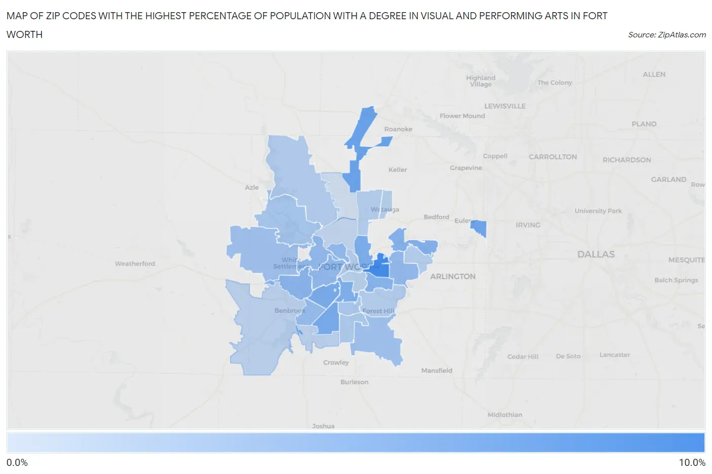 Zip Codes with the Highest Percentage of Population with a Degree in Visual and Performing Arts in Fort Worth Map