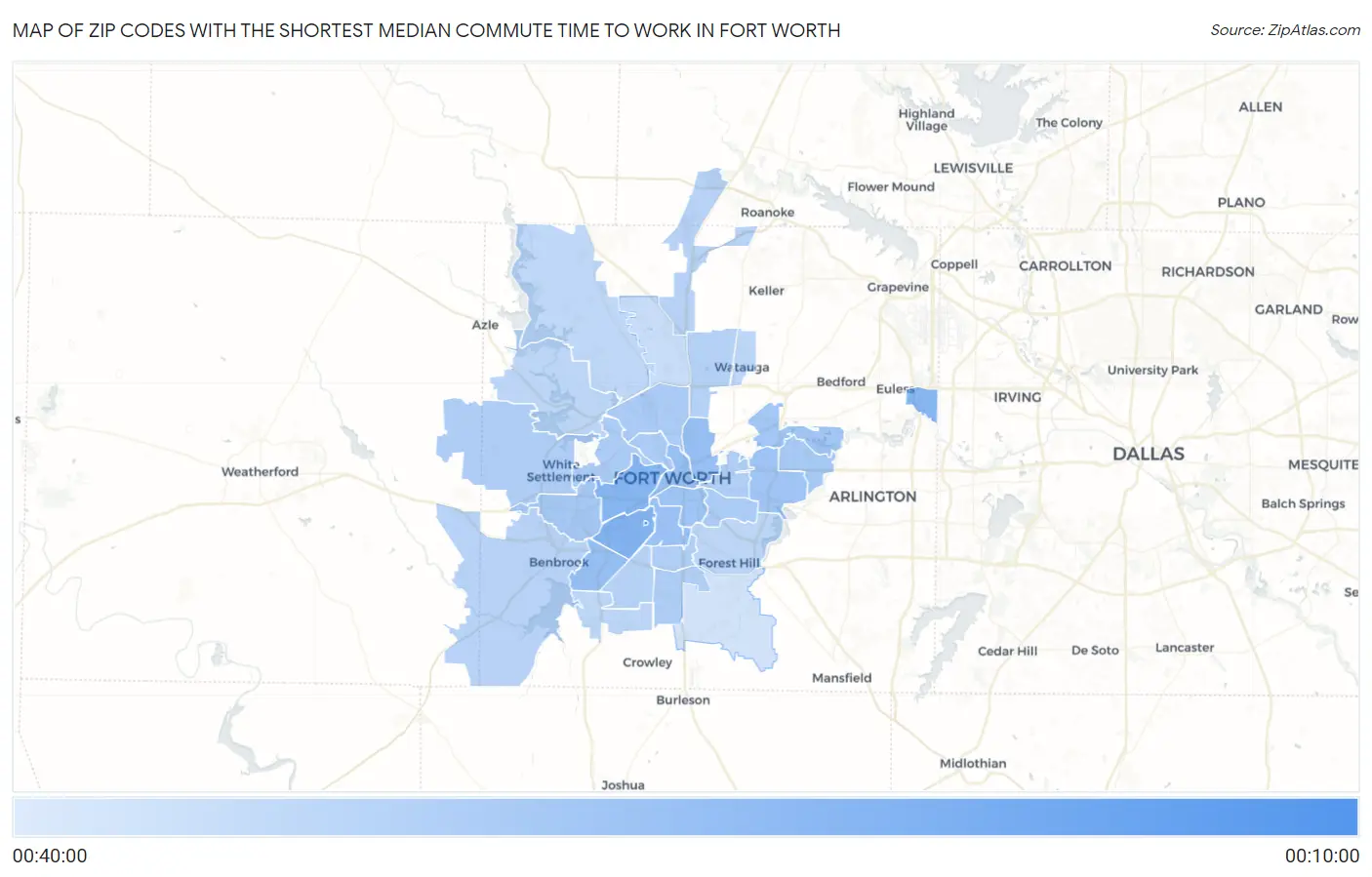 Zip Codes with the Shortest Median Commute Time to Work in Fort Worth Map