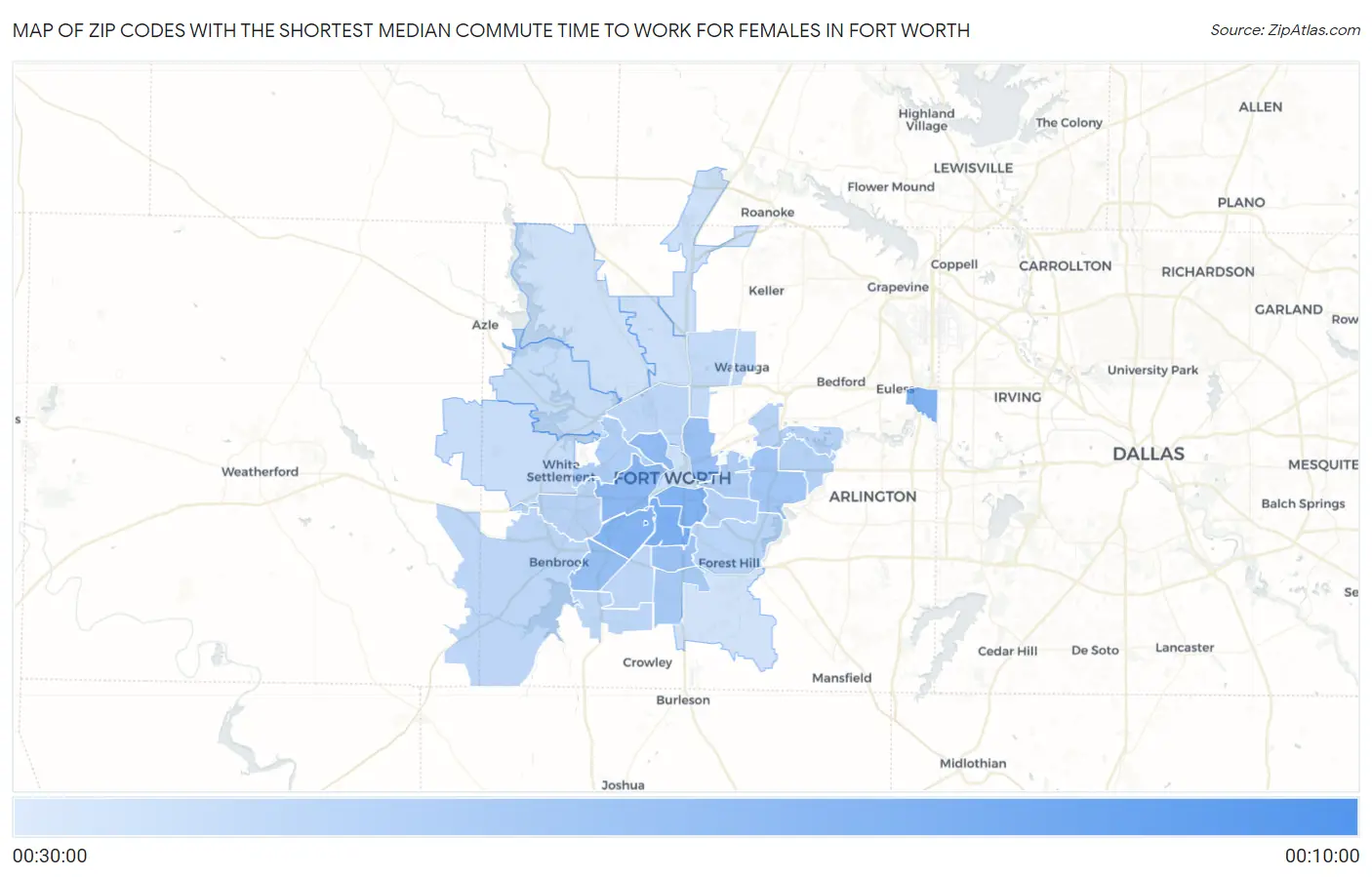 Zip Codes with the Shortest Median Commute Time to Work for Females in Fort Worth Map