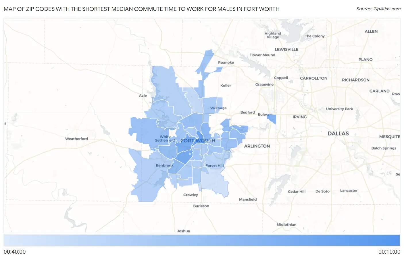Zip Codes with the Shortest Median Commute Time to Work for Males in Fort Worth Map