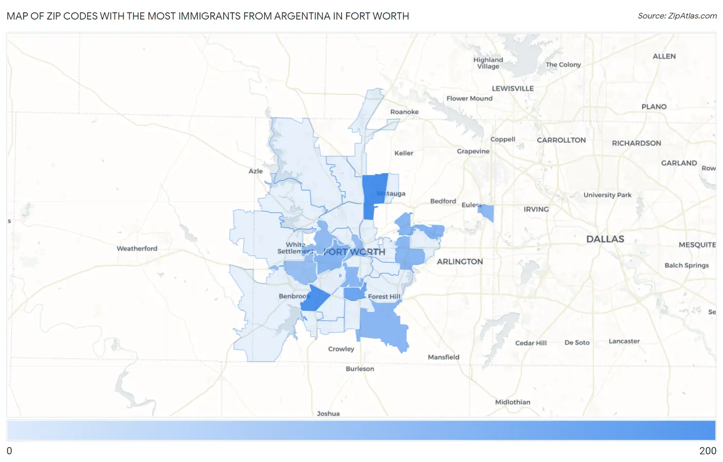 Zip Codes with the Most Immigrants from Argentina in Fort Worth Map