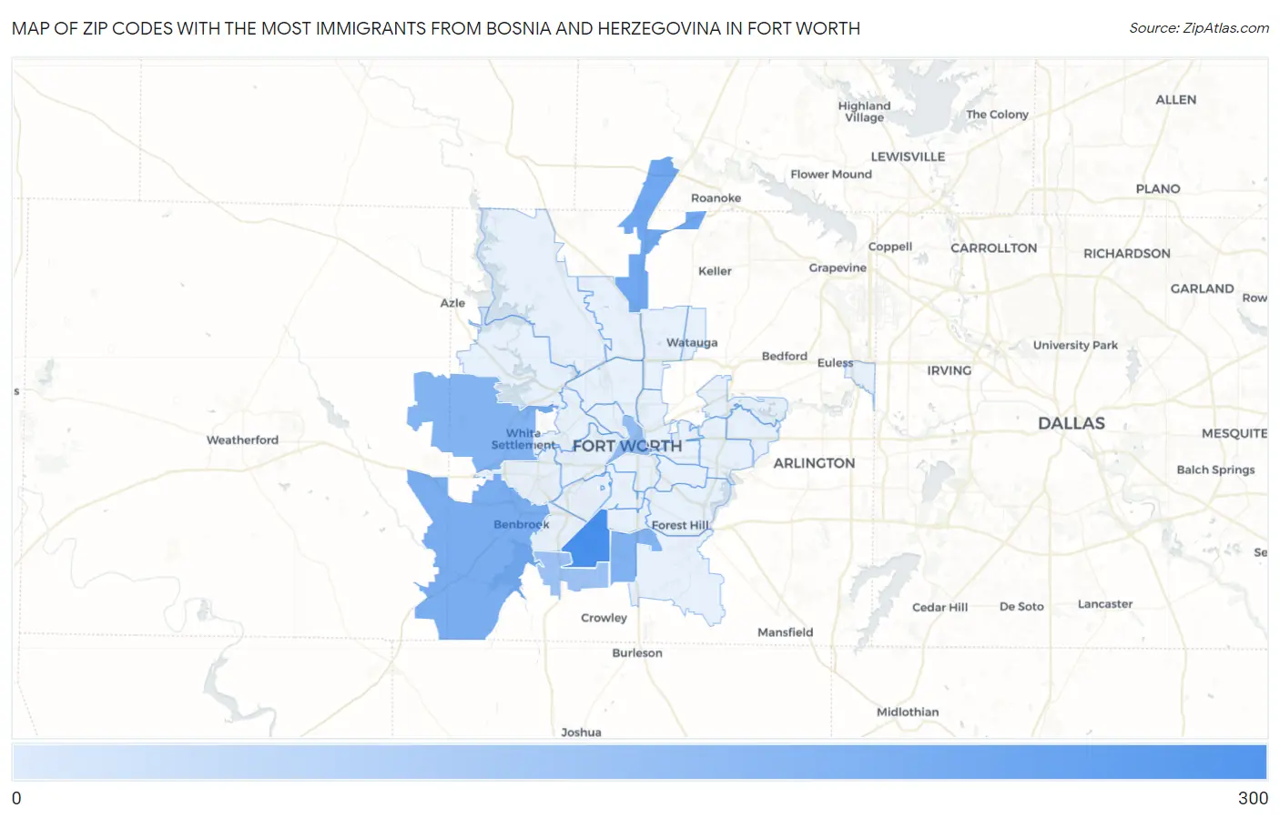 Zip Codes with the Most Immigrants from Bosnia and Herzegovina in Fort Worth Map