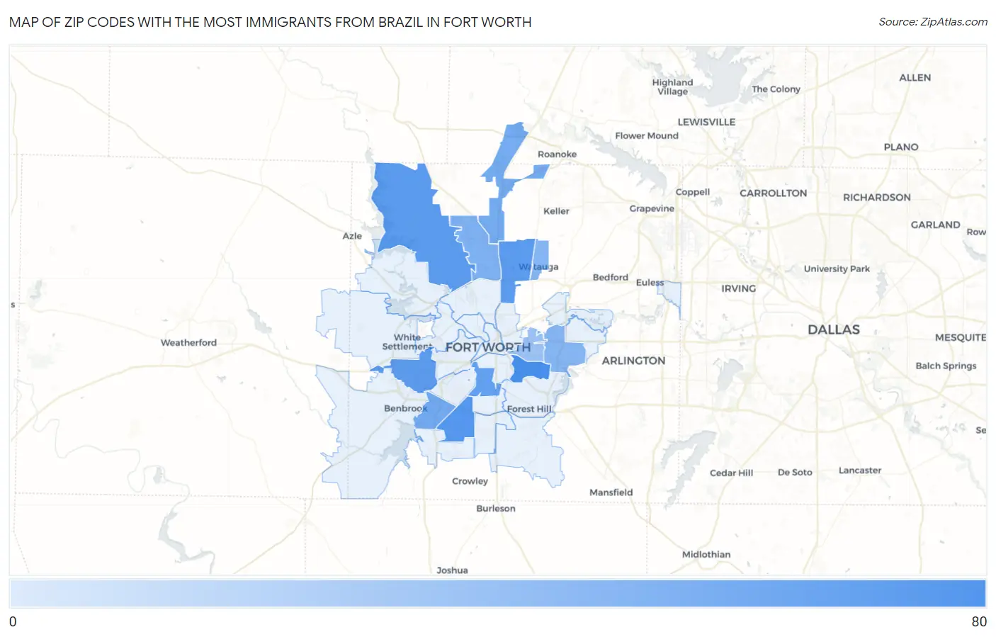 Zip Codes with the Most Immigrants from Brazil in Fort Worth Map